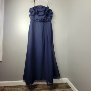 Eden Bridals Chiffon Bridesmaid Formal Ball Gown Ruffle Straps Dress Blue Sz 16